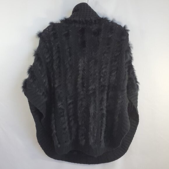 Neiman Marcus Cowl-Neck Fur-Stripe Pullover Poncho Sweater, Black - Picture 3 of 3